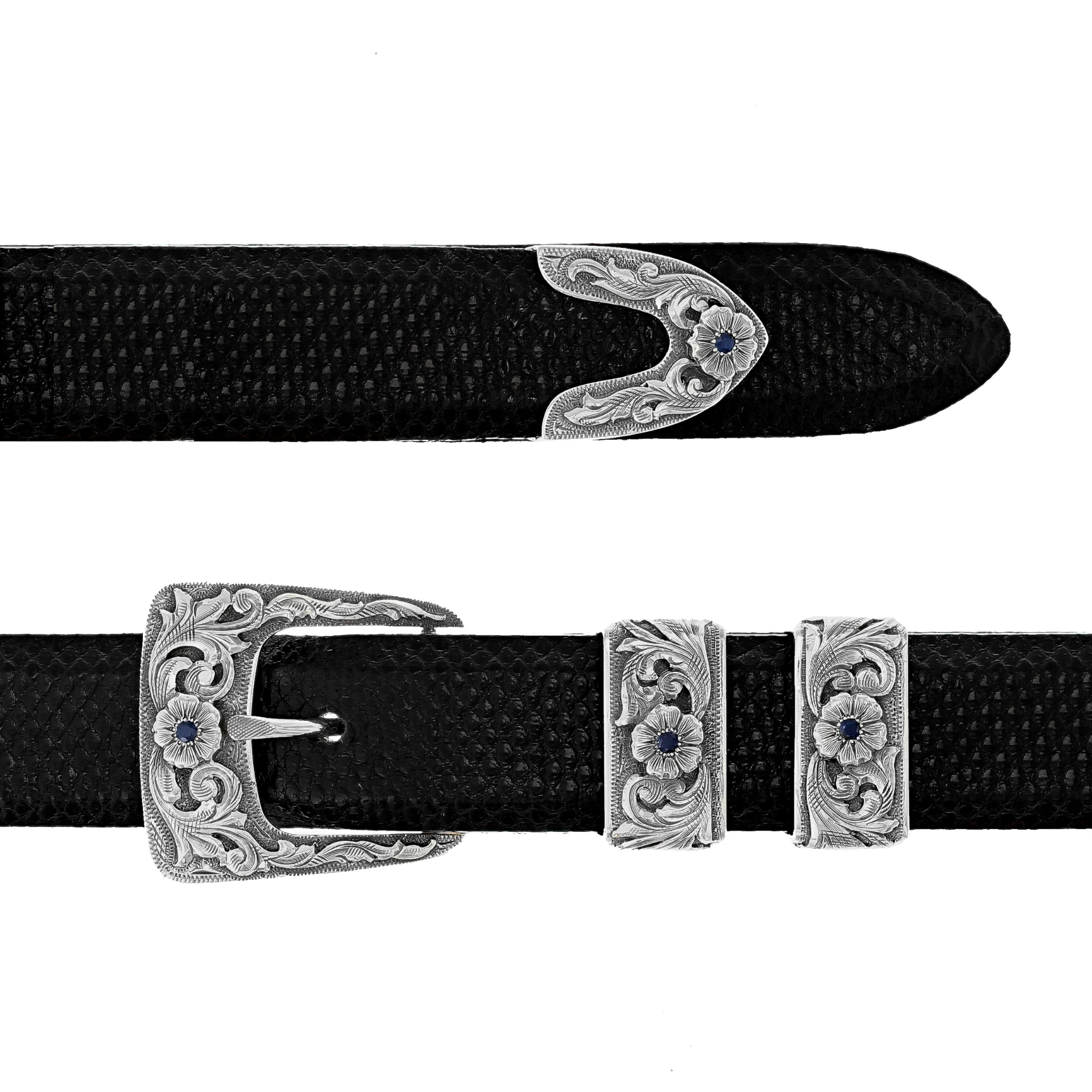 Clint Orms ENGRAVERS&SILVERSMITHバイイー Clay 1849 Sterling & Silver Sapphire Buckle Set – Clint Orms
