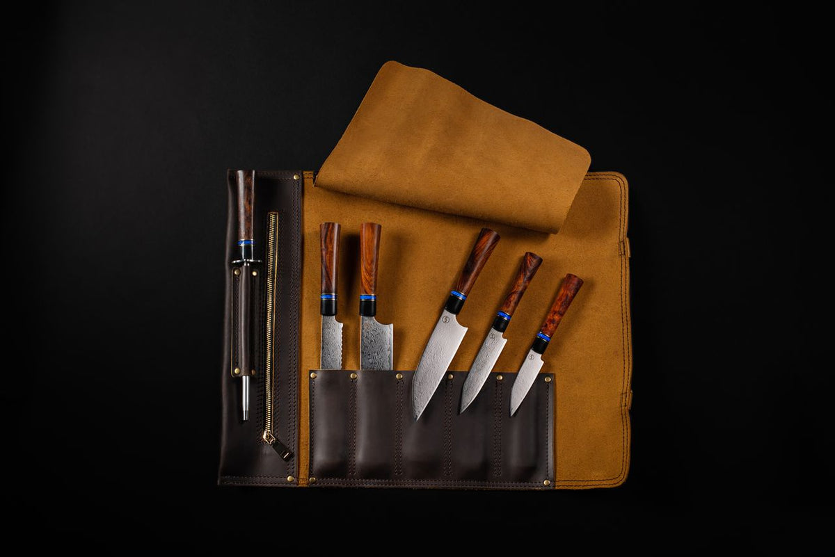 Ironwood Kultro Gourmet Chef Knife Set with Black Walnut Display
