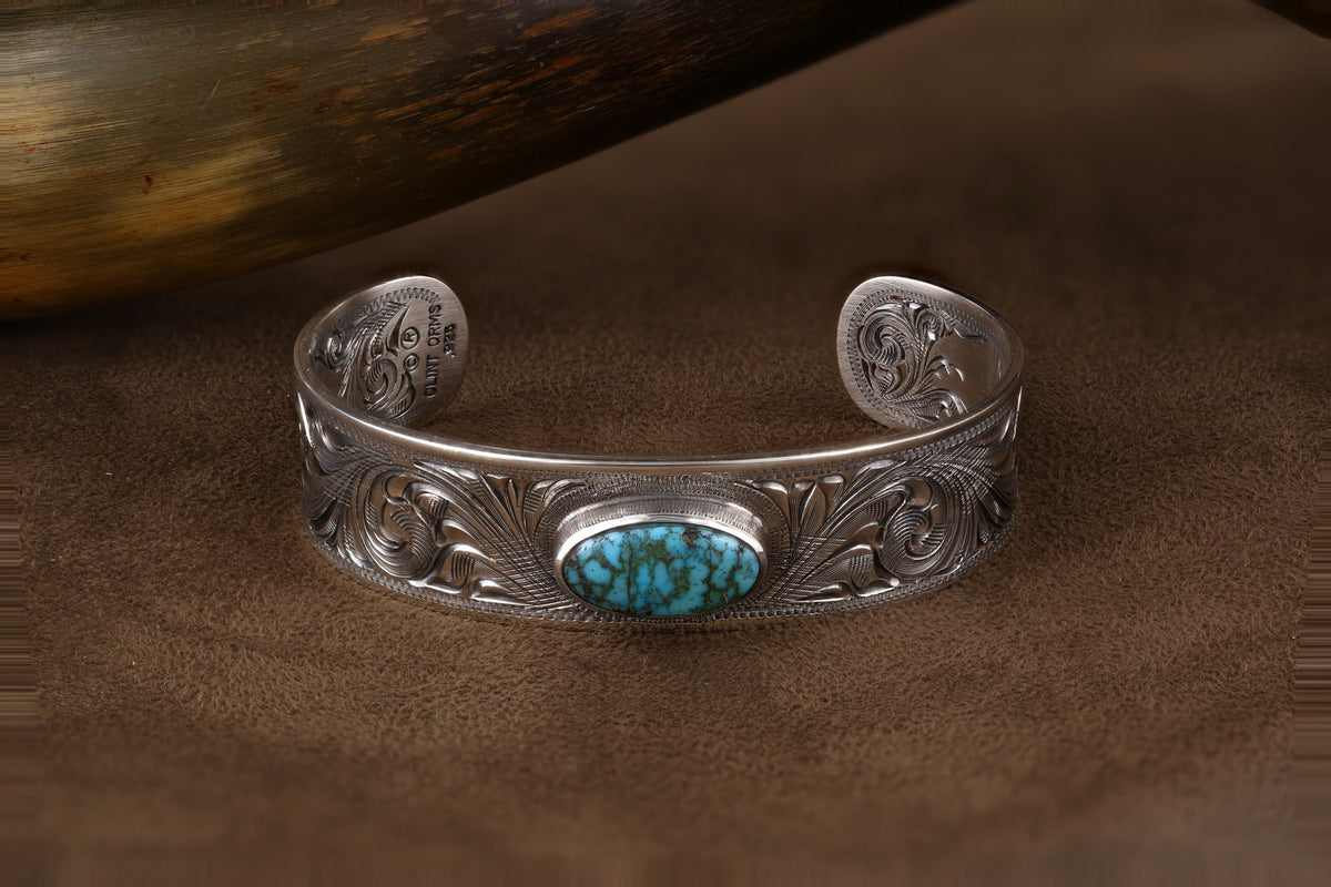 Bracelet 1896 Sterling Silver Engraved with Oval Turquoise