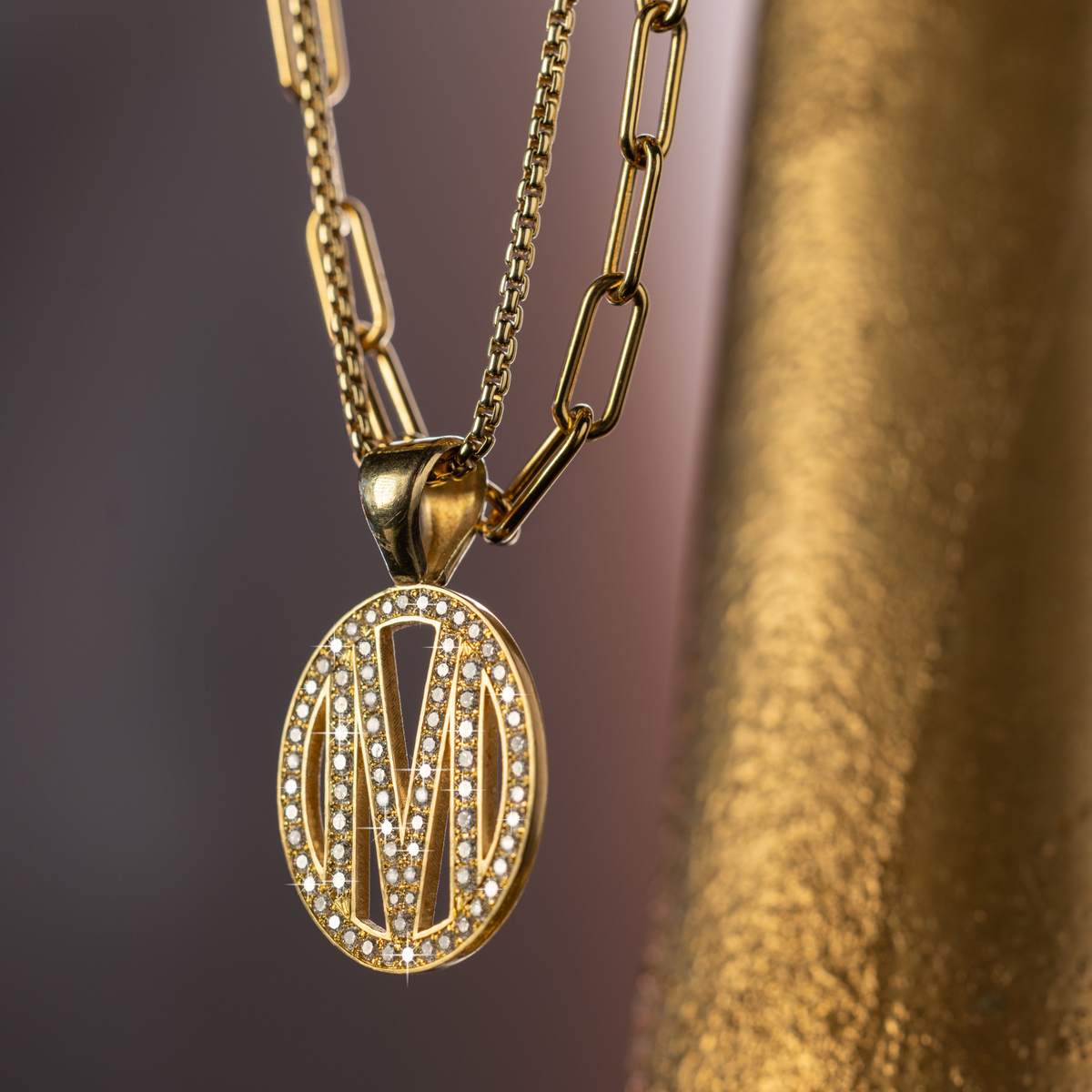 Oval Gold Pave Diamond Initial Necklace