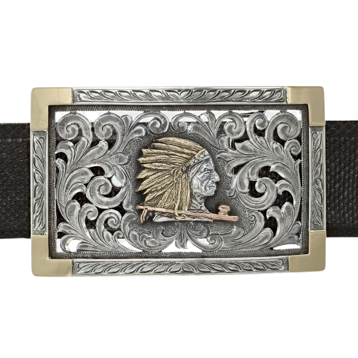 Bexar 1807 Sterling &amp; Gold Filigree Indian Head Trophy Buckle