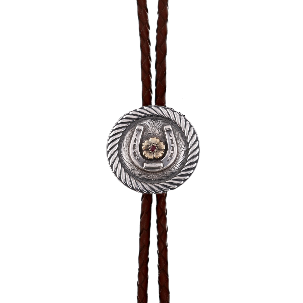 Bolo 1874 Sterling Horseshoe with Yellow Gold Flower and Ruby