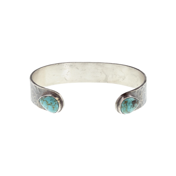LYNCH SILVERSMITH“TURQUOISE SCALE CUFFS” Bracelet 1448 Hammered with Turquoise Ends – Clint Orms Engravers