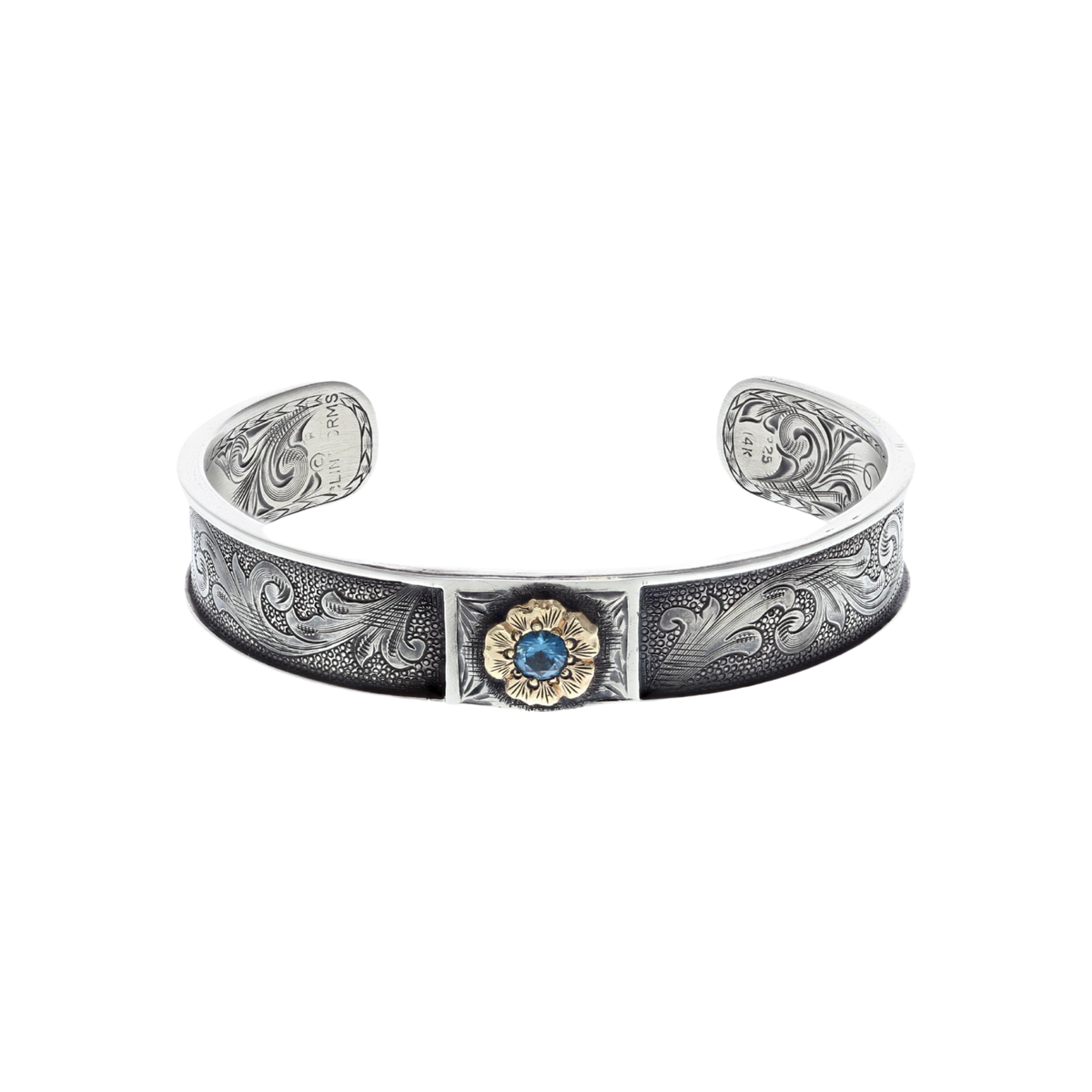 Bracelet 2111 Gun Engraved Sterling with Rose Gold Rosette and Blue Topaz