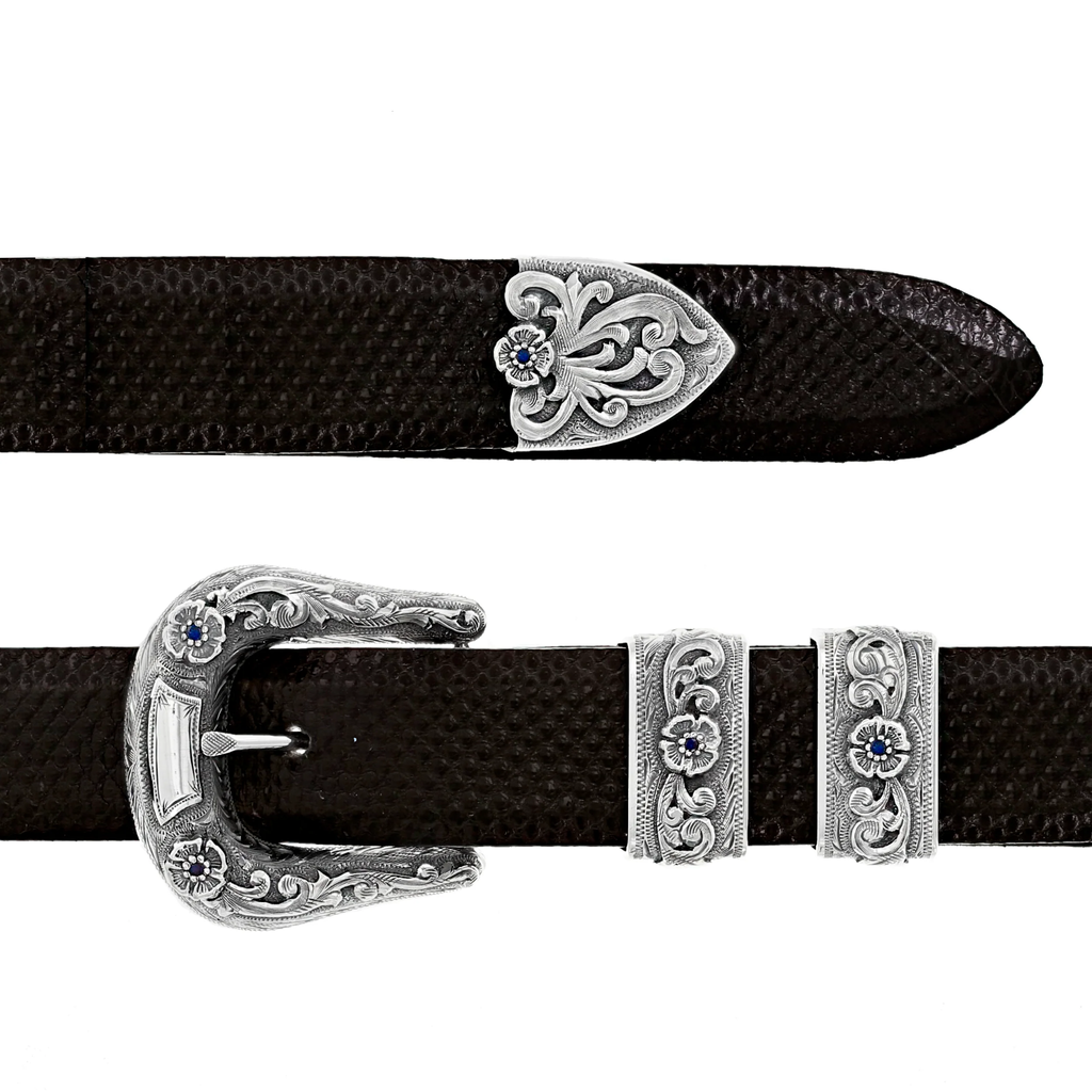 Collin 1821 Sterling & Sapphire Buckle Set - Clint Orms Engravers