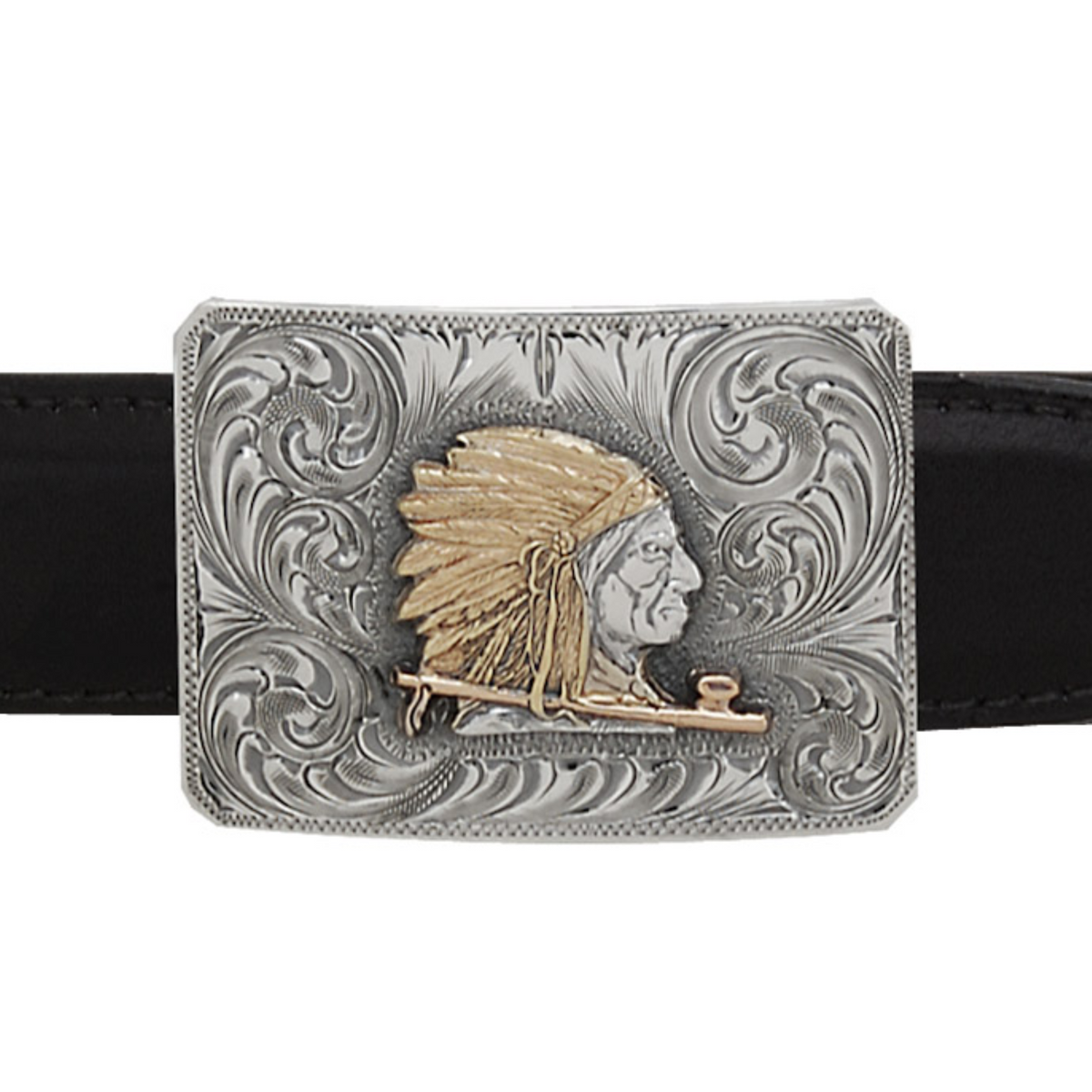 Comanche 1801 Sterling Engraved Chief with Gold Headress &amp; Pipe Trophy Buckle