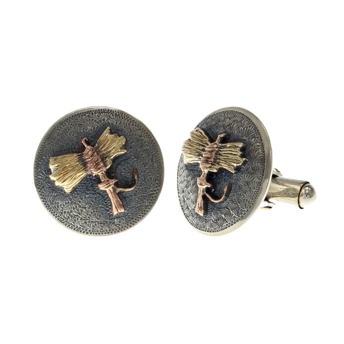 Cufflinks 1603 Wheatgrass Engraved Sterling with Gold Fly