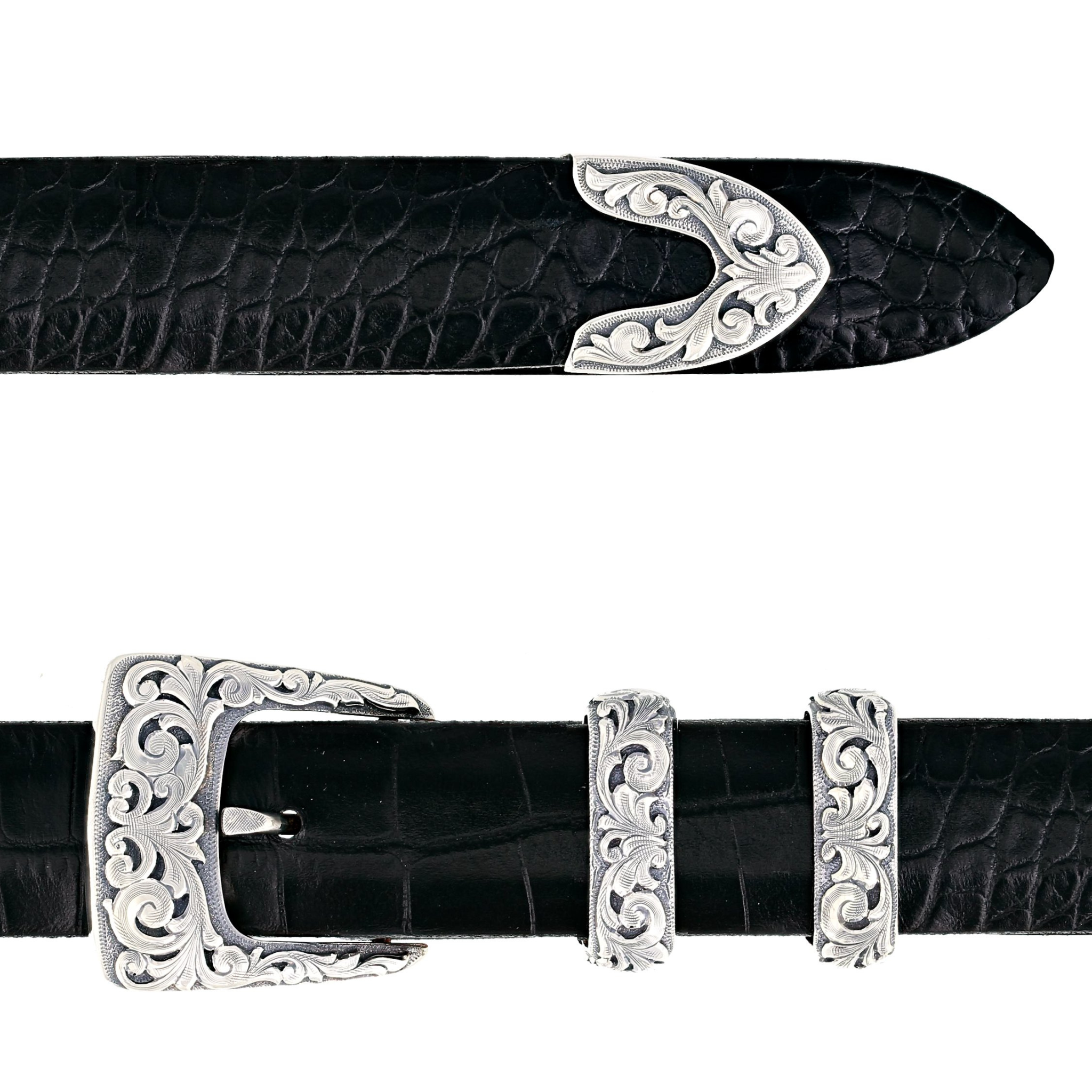 Engraved Sterling Silver Dress Buckle Set w Hand Cut Overlays