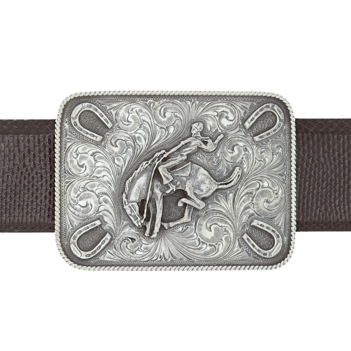 Dimmit 1802 Sterling Silver Engraved Bucking Horse &amp; Horseshoes Trophy Belt Buckle