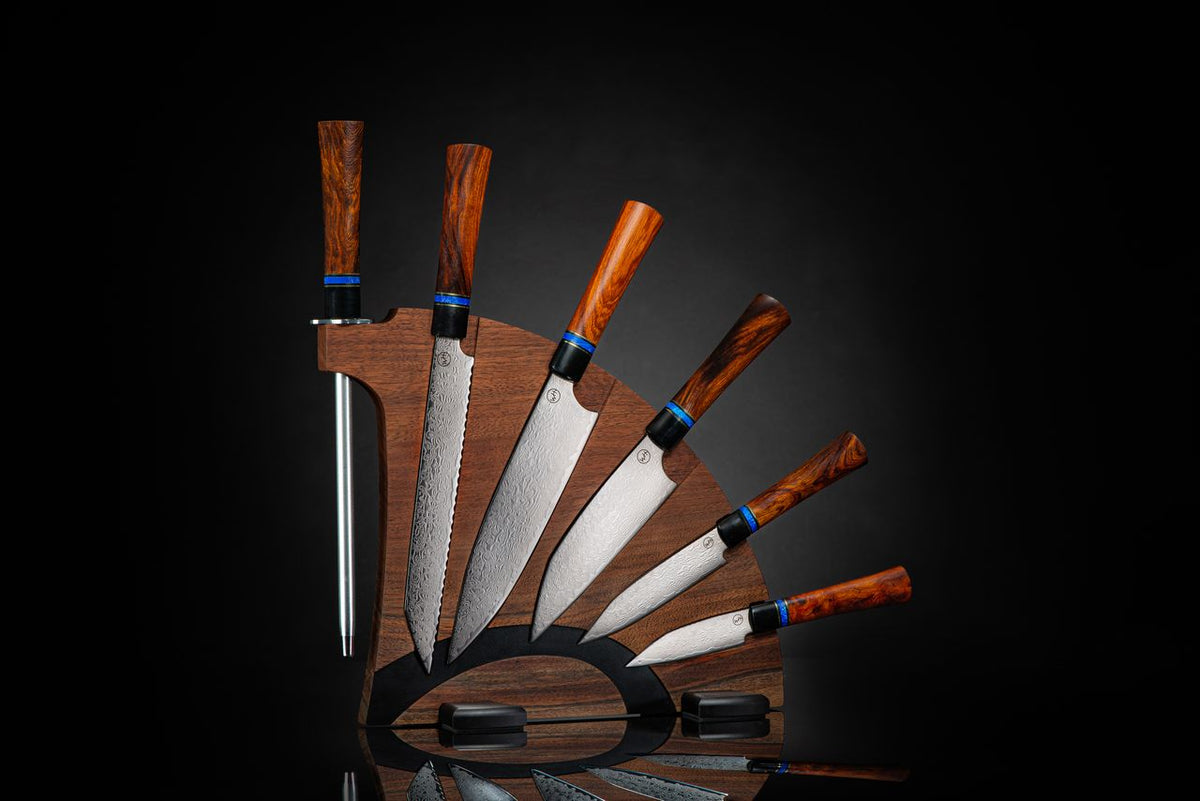 Ironwood Kultro Gourmet Chef Knife Set with Black Walnut Display