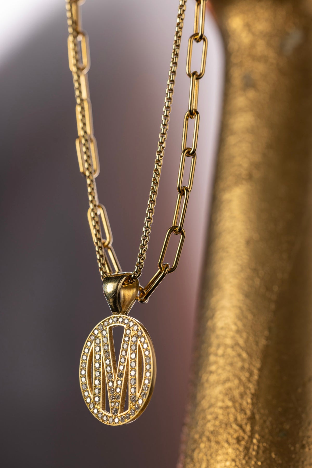 Oval Gold Pave Diamond Initial Necklace