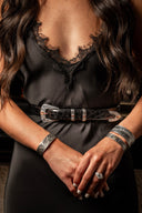 Bracelet 2111 Gun Engraved Sterling with Rose Gold Rosette and Blue Topaz