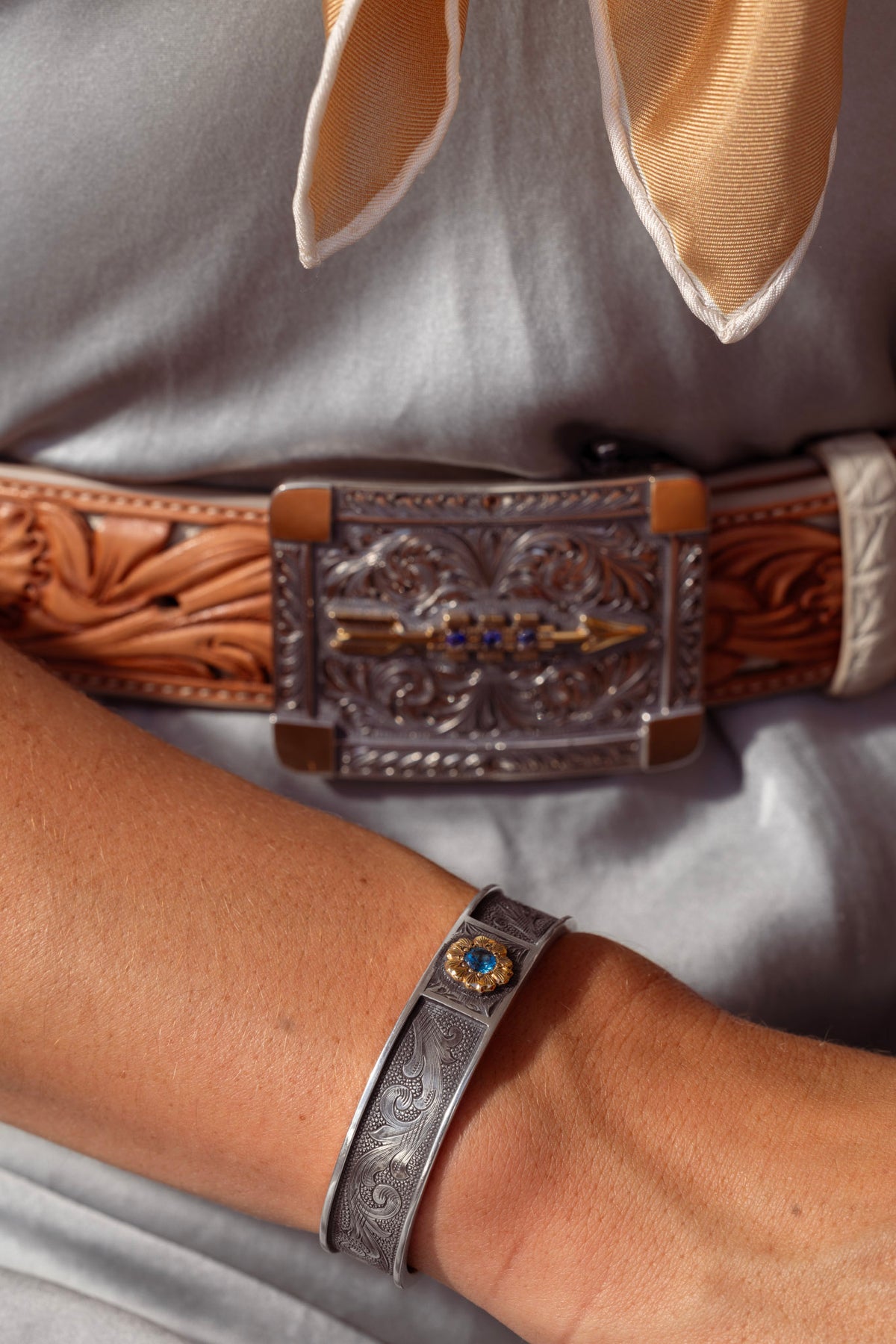 Bracelet 2111 Gun Engraved Sterling with Rose Gold Rosette and Blue Topaz