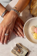 Bracelet 2111 Gun Engraved Sterling with Rose Gold Rosette and Blue Topaz