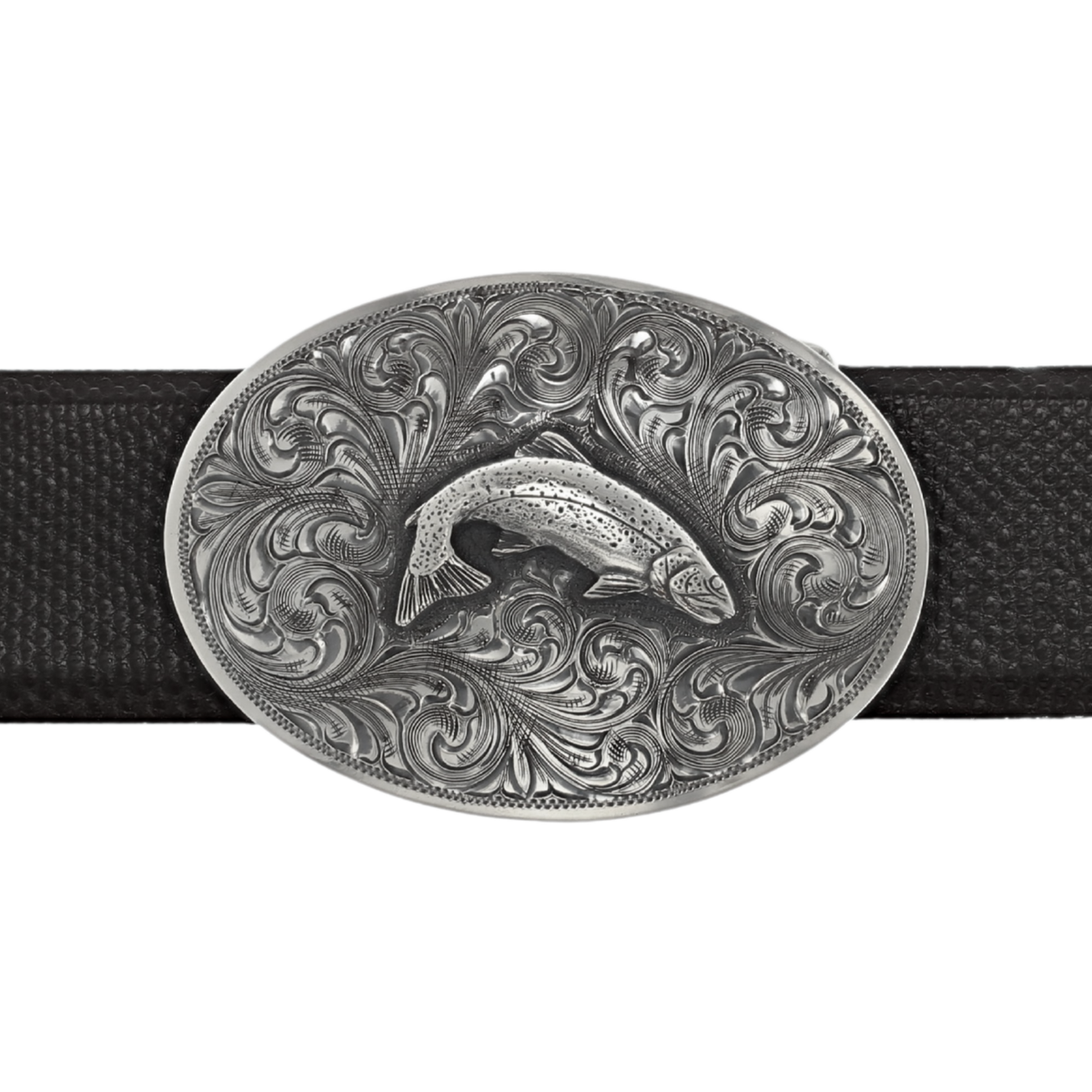 Mills 1808 Sterling Engraved Oval Trophy Buckle with Jumping Trout
