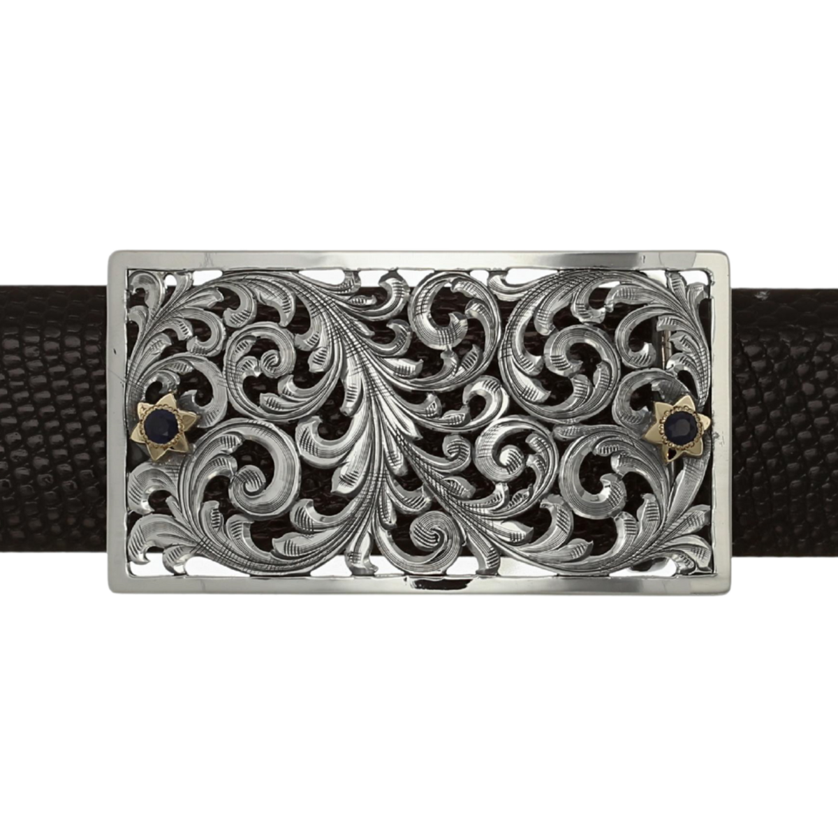 Montague 1820 Sterling Filigreed Trophy Buckle with Gold Flowers and Sapphires