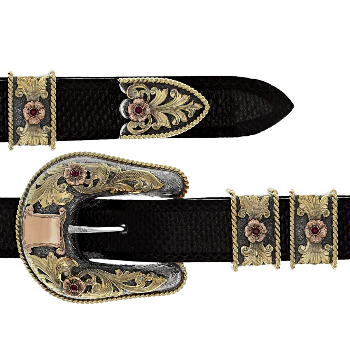 Pecos 1862 Yellow &amp; Rose Gold with Rubies Buckle Set
