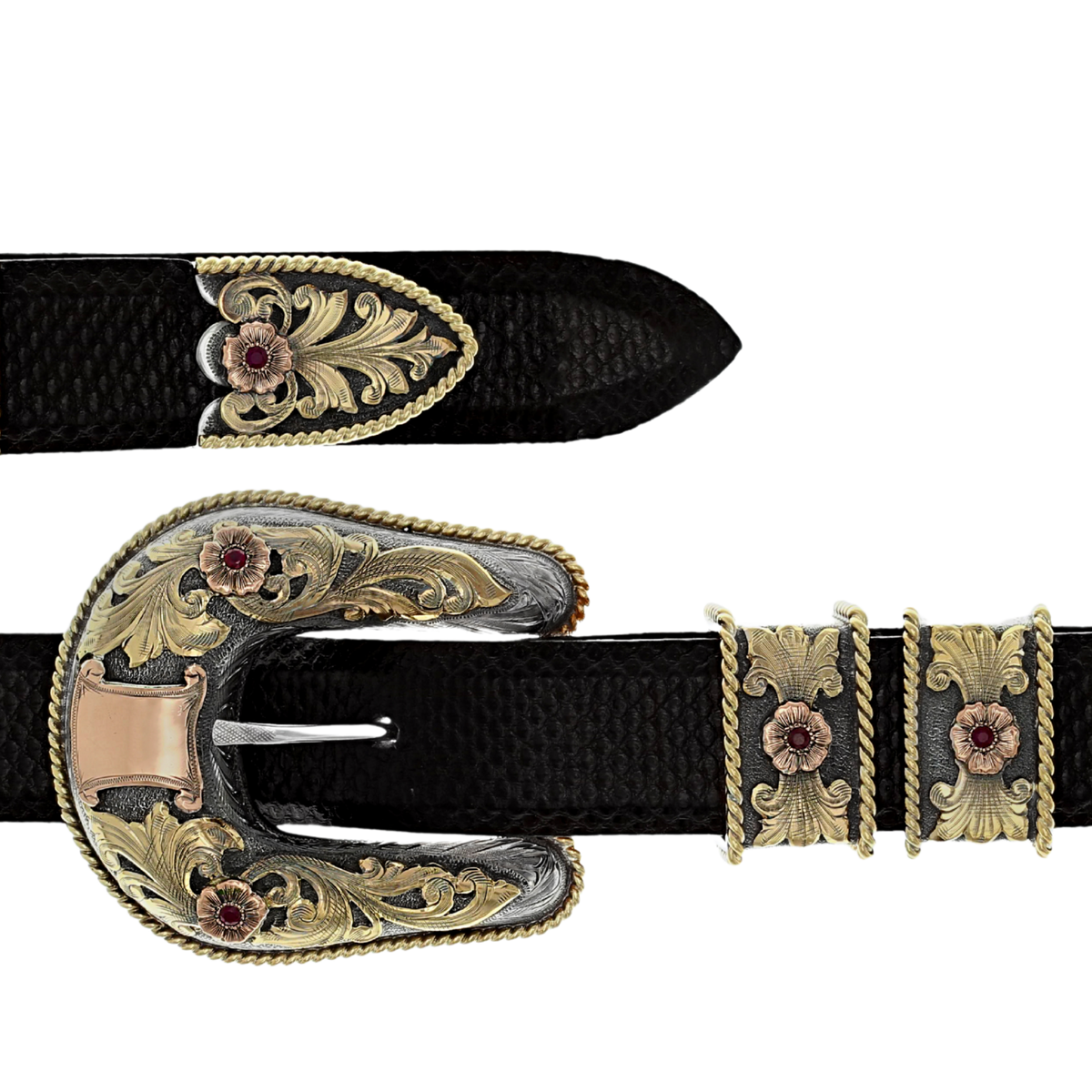 Pecos 1862 Yellow &amp; Rose Gold with Rubies Buckle Set