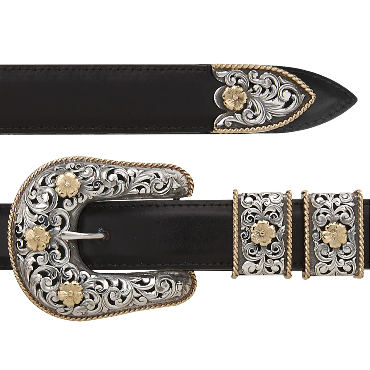 Pecos 1892 Filigreed 18k gold &amp; Silver Buckle Set