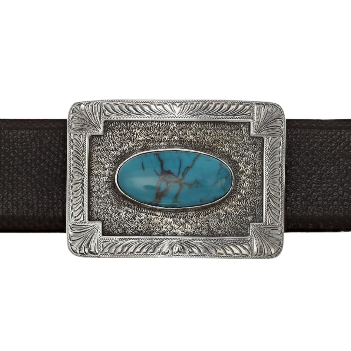 Sabine 1600 Sterling Silver &amp; Turquoise Trophy Buckle With Engraved Border