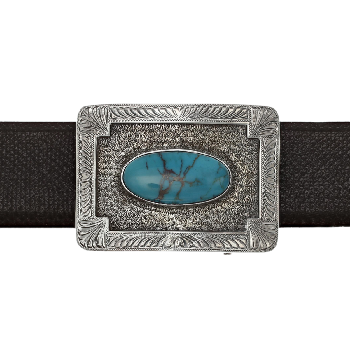 Sabine 1600 Sterling Silver Engraved Border with Turquoise Trophy Buckle
