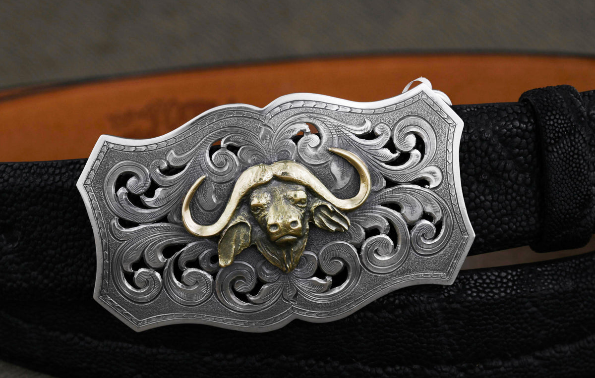 Trinity 2001 Filigree Gun Engraved Gold Cape Buffalo Buckle