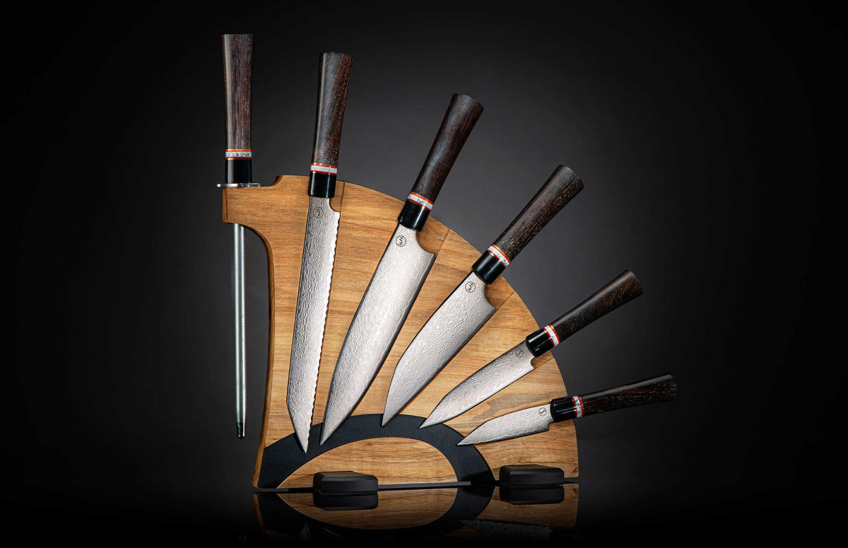 Ebony Kultro Gourmet Chef Knives with Red Maple Display Stand