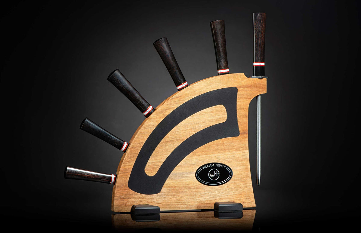 Ebony Kultro Gourmet Chef Knives with Red Maple Display Stand