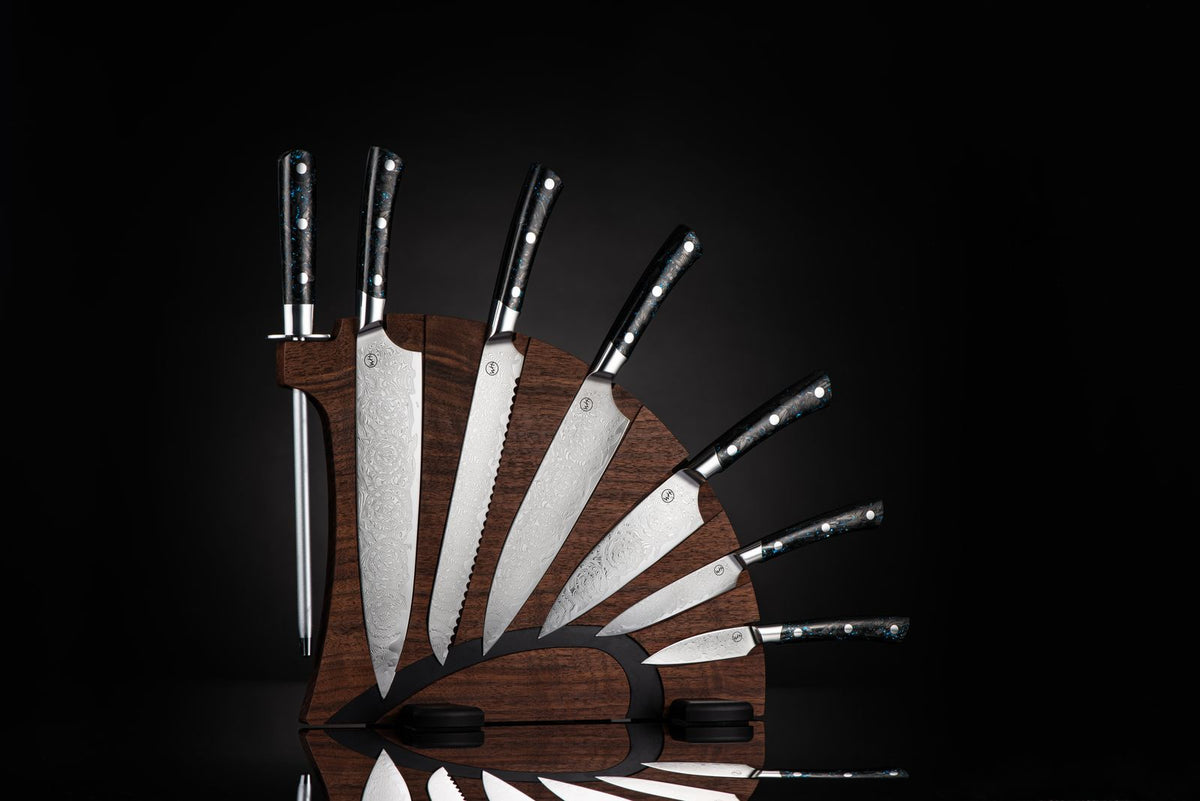 Orb Blue Kultro Pro Chef Knife Set with Maple Display