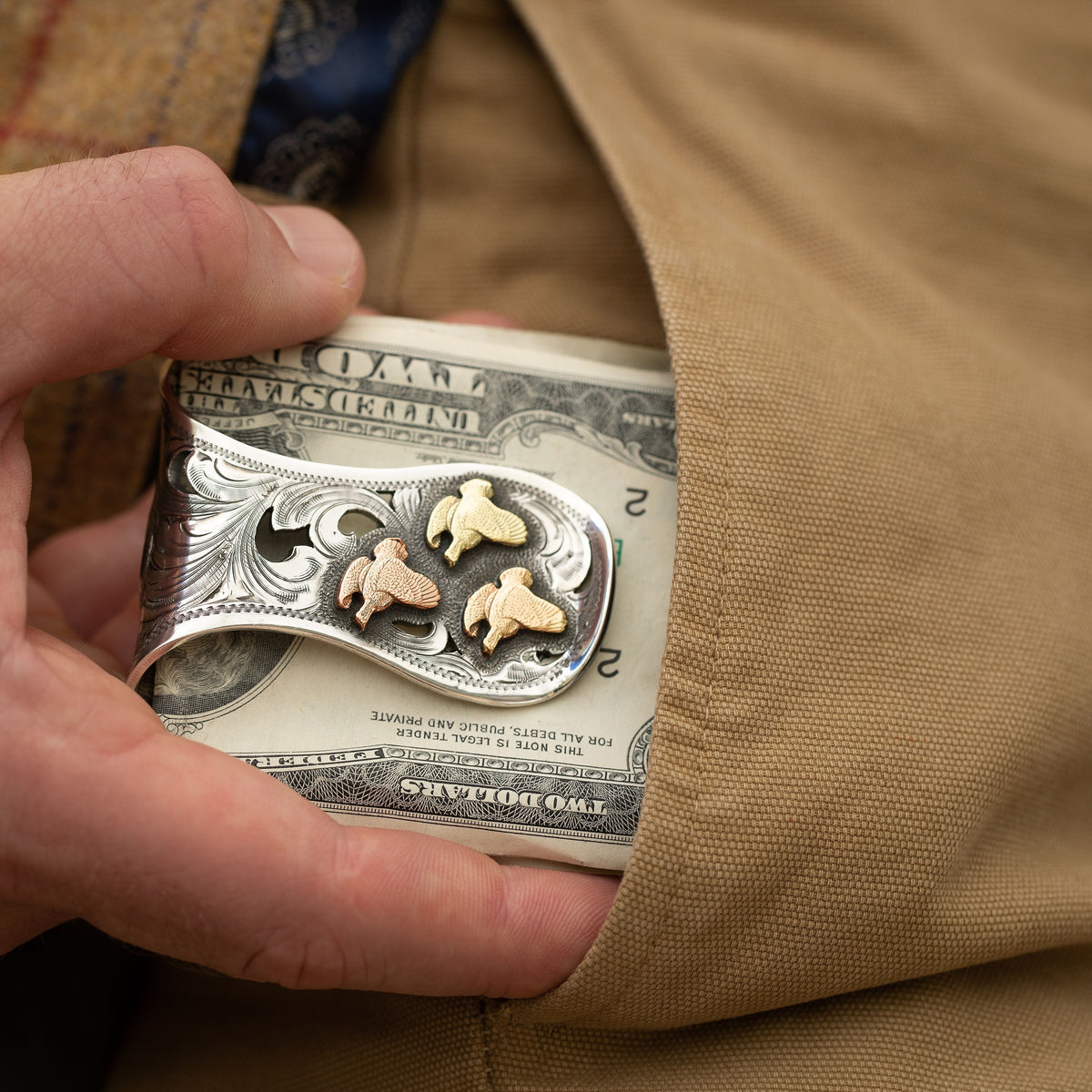 San Jac 1892 Sterling Silver Filigreed Tri Color Flushing Quail Money Clip