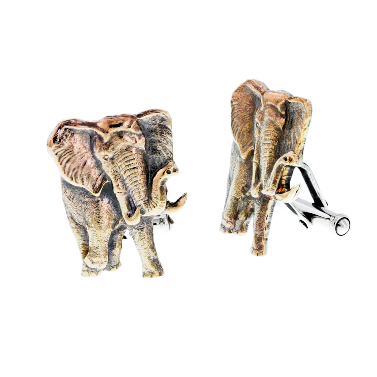 Sterling silver cuff links with large 14 karat rose gold elephant