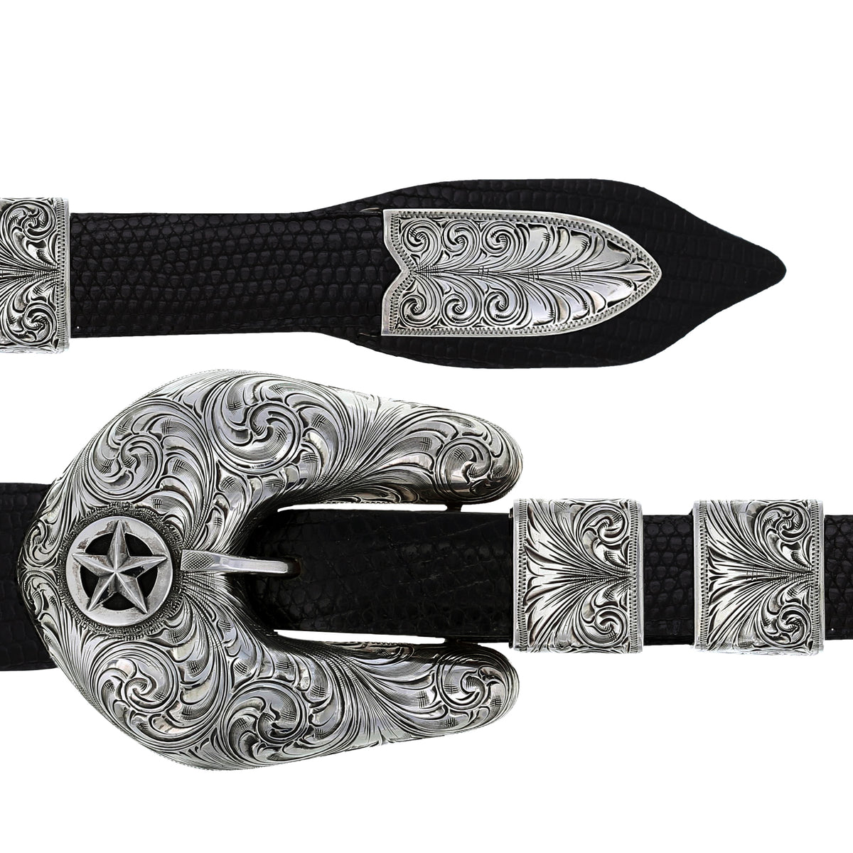 Jones 1804 Texas Star Scroll Engraved Buckle Set